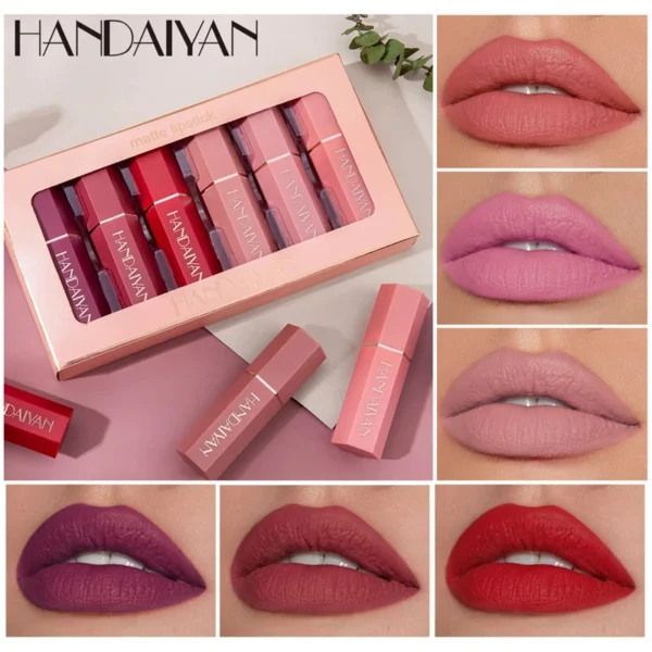 طقم أحمر شفاه مخملي مطفي – 6 قطع من HANDAIYAN - Image 5