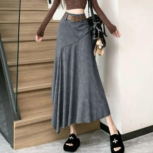 تنورة طويلة غير متماثلة بصبغة التعادل – أزياء كورية خريفية - Image 6