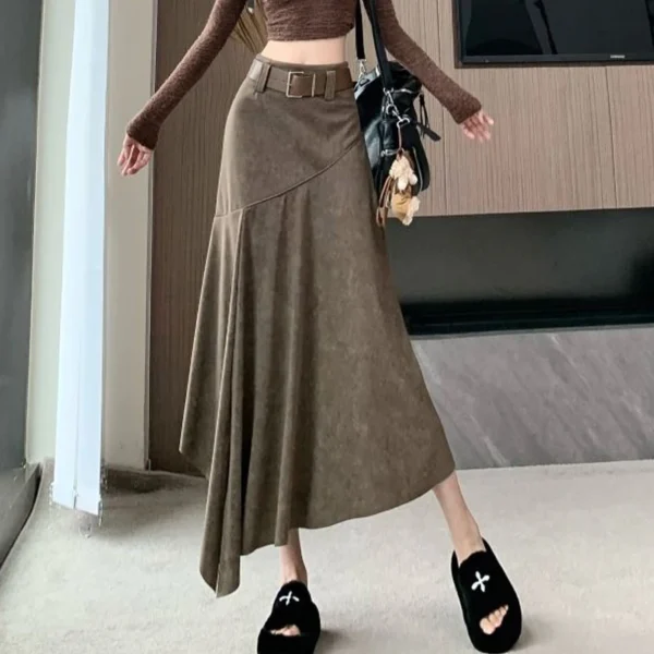 تنورة طويلة غير متماثلة بصبغة التعادل – أزياء كورية خريفية - Image 4