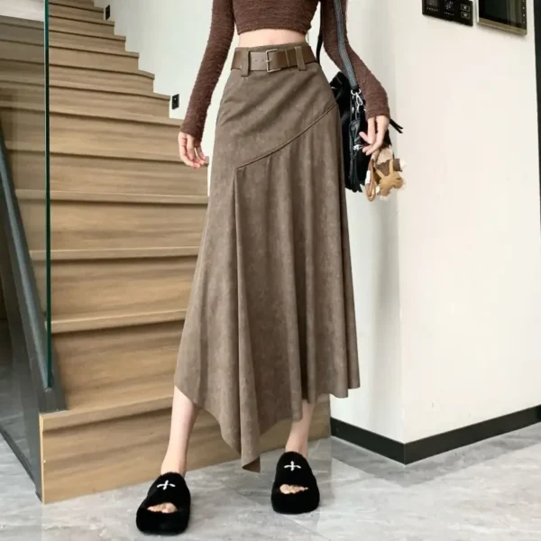 تنورة طويلة غير متماثلة بصبغة التعادل – أزياء كورية خريفية - Image 3