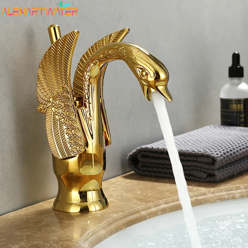 صنبور حوض ذهبي فاخر بمقبض واحد للماء الساخن والبارد – تصميم أنيق لسطح الحوض