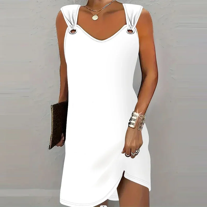 فستان نسائي صيفي كاجوال – بدون أكمام بلون موحّد