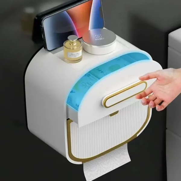 حامل مناديل تواليت جداري مقاوم للماء مع رف تخزين – تصميم عملي وأنيق - Image 4