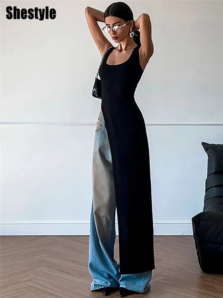 فستان نسائي طويل غير متماثل بدون أكمام بفتحة عالية – تصميم كاجوال أنيق