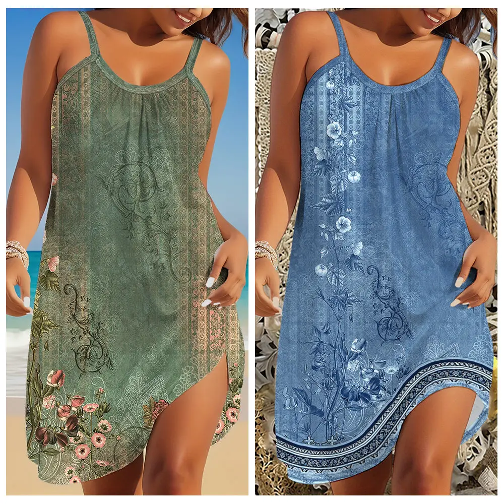 فستان نسائي صيفي بوهيمي مطبوع – بدون أكمام مع حزام خصر