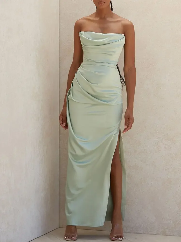 فستان ساتان ضيّق أخضر – فستان حفلات مسائي على طراز المشاهير