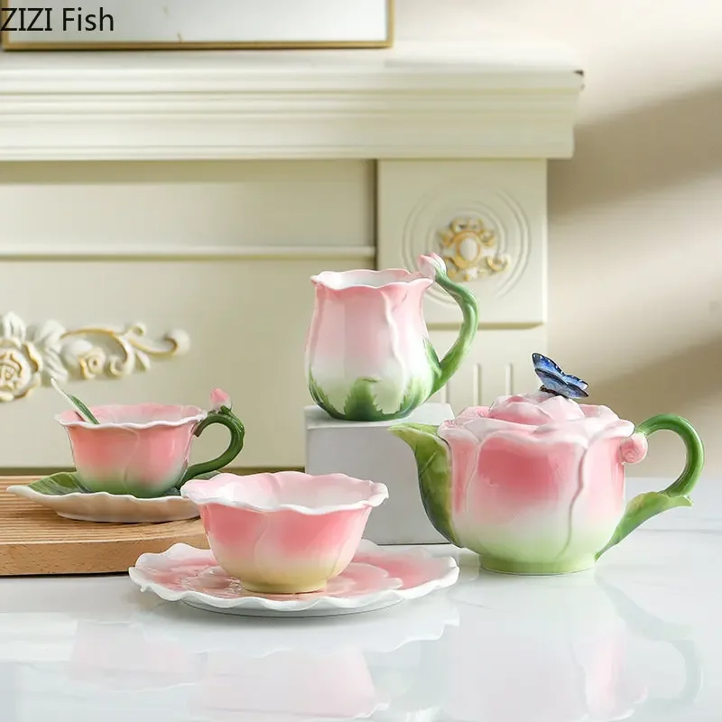 طقم فناجين شاي سيراميك بتصميم زهرة – ستايل أوروبي للأزواج