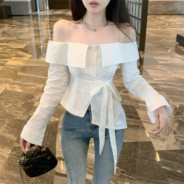 بلوزة نسائية بدون كتف بتصميم غير متماثل وأكمام طويلة - Image 6