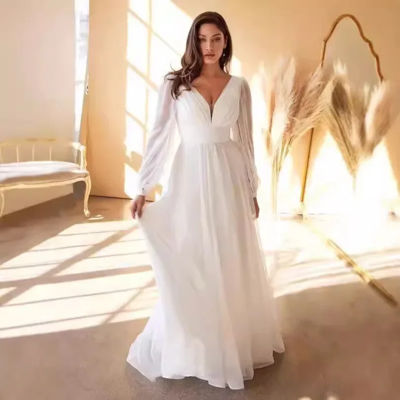 فستان سهرة شيفون بأكمام طويلة وياقة V – تصميم أنيق لوصيفات العروس