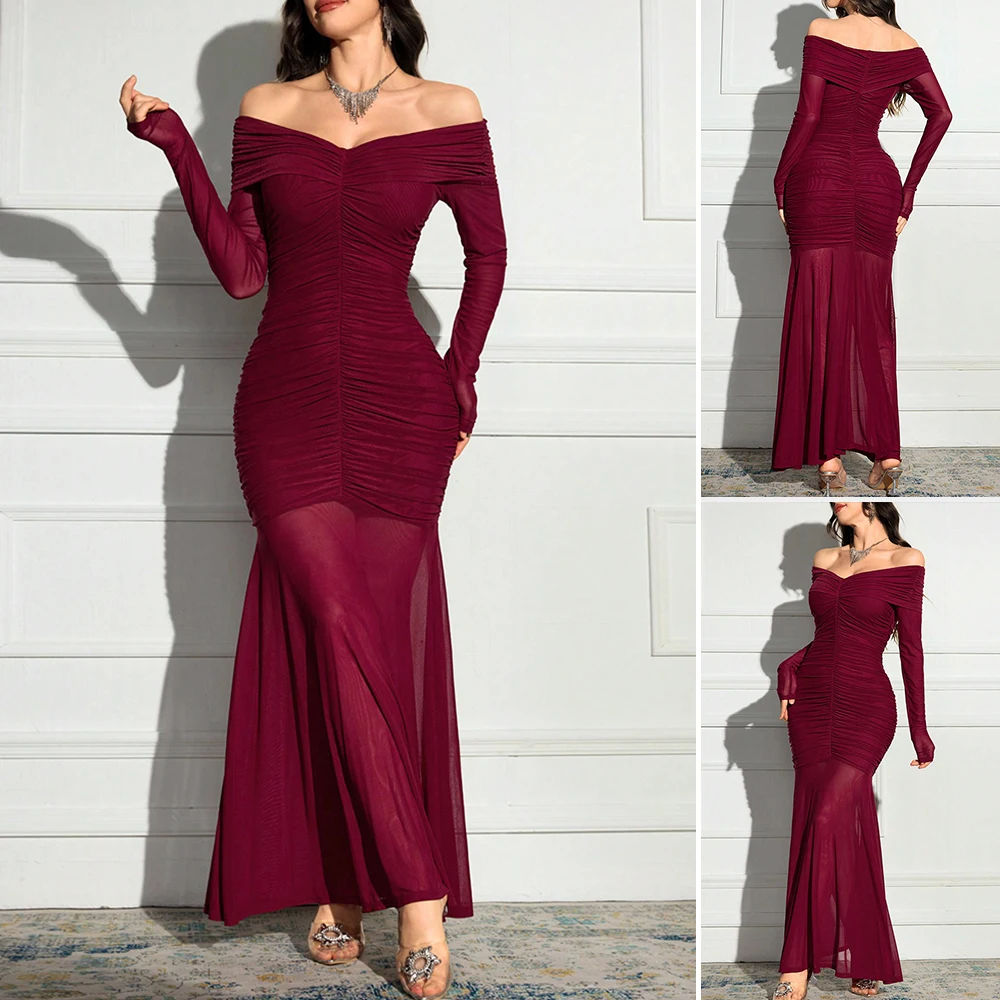 Rafiah Boutique – فستان سهرة طويل بحاشية حورية البحر وأكمام طويلة